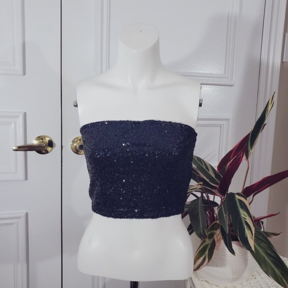 Vintage Sequin Show Stopper Indigo Blue Stretch Tube Crop Top
